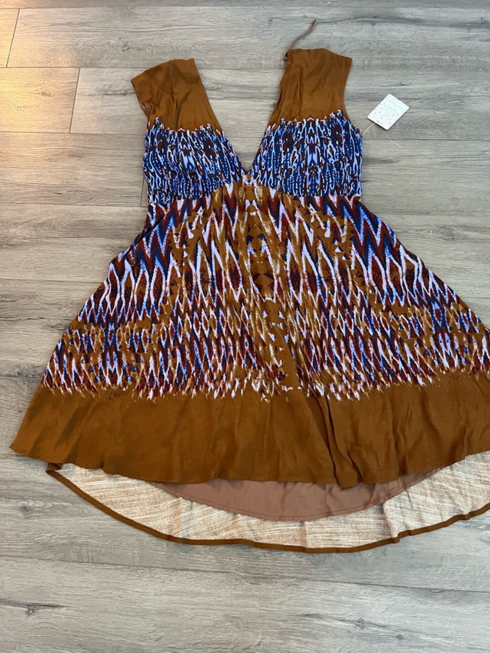 Free People Brown Patterned V-Neck Dress with Blue Accents